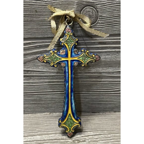 Metallic Cross Christmas Ornament 6” Blue Yellow Gold Ribbon Unique Hand Painted - Picture 1 of 12